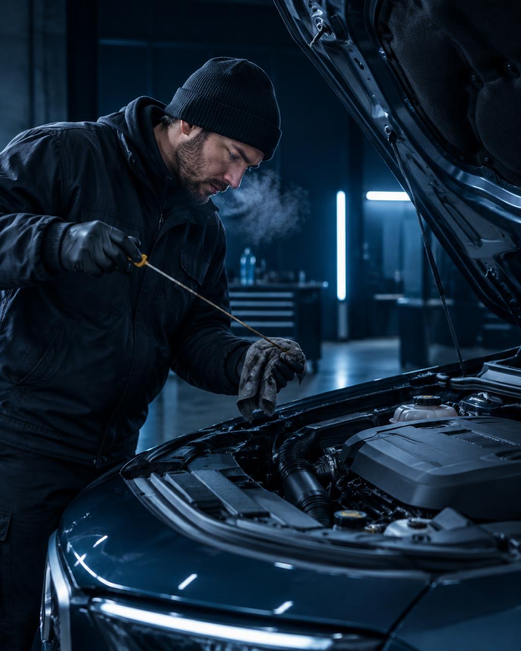 Mekaniker kontrollerar motorolja under bilservice i Arlöv